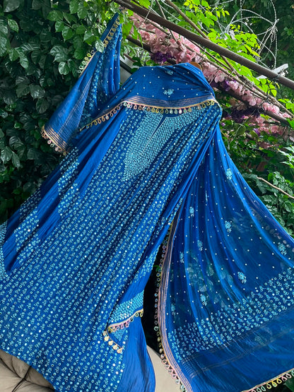 Mulmul Chanderi Kurta Set with Chikankari & Mirror Work with Heavy Embroidered Mirror Lace Dupatta (Set of 3) (Semi-stitched)