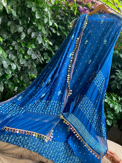 Mulmul Chanderi Kurta Set with Chikankari & Mirror Work with Heavy Embroidered Mirror Lace Dupatta (Set of 3) (Semi-stitched)