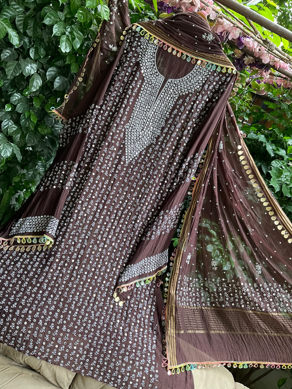 Mulmul Chanderi Kurta Set with Chikankari Booti & Mirror Work with Embroidered Mirror Lace Dupatta (Set of 3) (Semi-stitched)