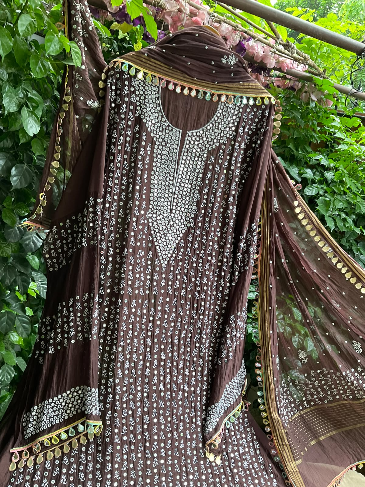 Mulmul Chanderi Kurta Set with Chikankari Booti & Mirror Work with Embroidered Mirror Lace Dupatta (Set of 3) (Semi-stitched)