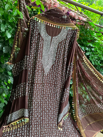 Mulmul Chanderi Kurta Set with Chikankari Booti & Mirror Work with Embroidered Mirror Lace Dupatta (Set of 3) (Semi-stitched)
