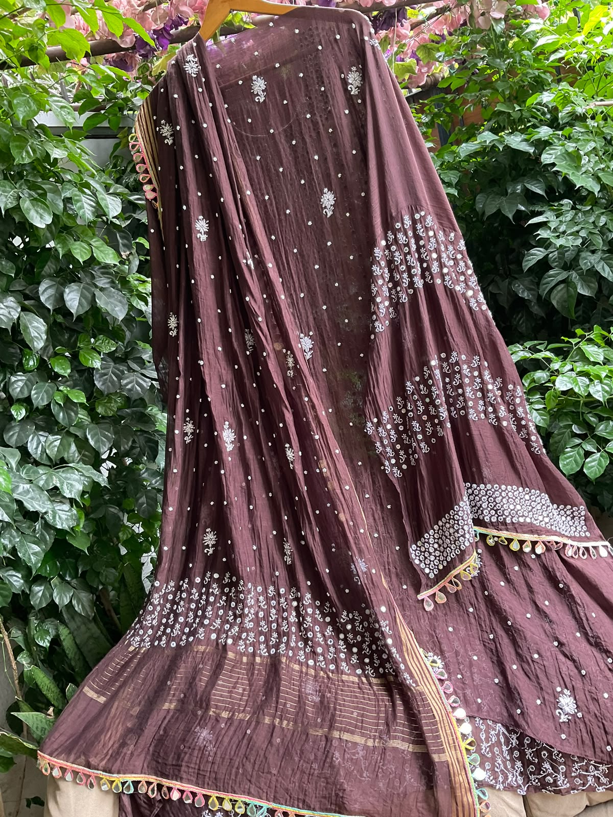 Mulmul Chanderi Kurta Set with Chikankari Booti & Mirror Work with Embroidered Mirror Lace Dupatta (Set of 3) (Semi-stitched)