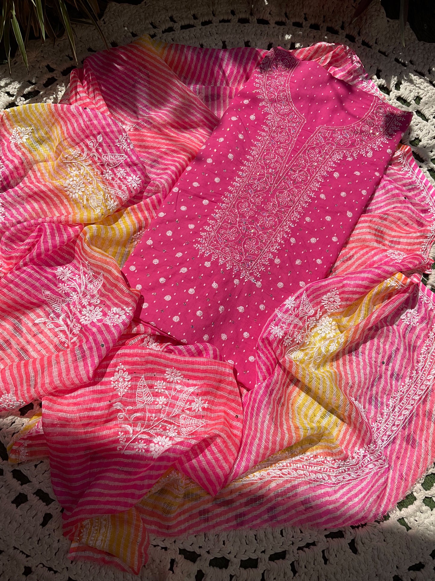 Cotton Voile Suit Set with Chikankari & Aari-Sequin Work with Chikankari Lehriya Kota Dupatta (Set of 3) (Unstitched)