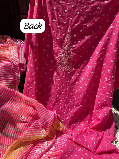 Cotton Voile Suit Set with Chikankari & Aari-Sequin Work with Chikankari Lehriya Kota Dupatta (Set of 3) (Unstitched)