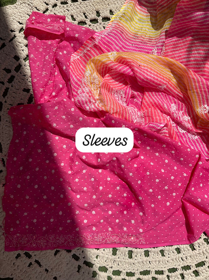 Cotton Voile Suit Set with Chikankari & Aari-Sequin Work with Chikankari Lehriya Kota Dupatta (Set of 3) (Unstitched)