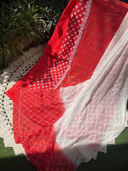 Cotton Voile Suit Set with Mukaish & Chikankari Work with All-Over Jaali Mulmul Dupatta (Set of 3) (Unstitched)