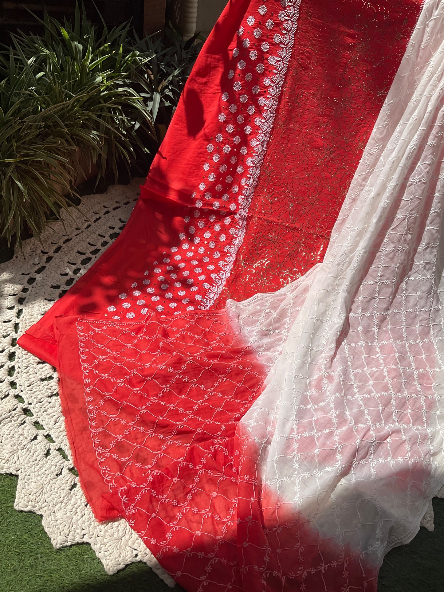 Cotton Voile Suit Set with Mukaish & Chikankari Work with All-Over Jaali Mulmul Dupatta (Set of 3) (Unstitched)