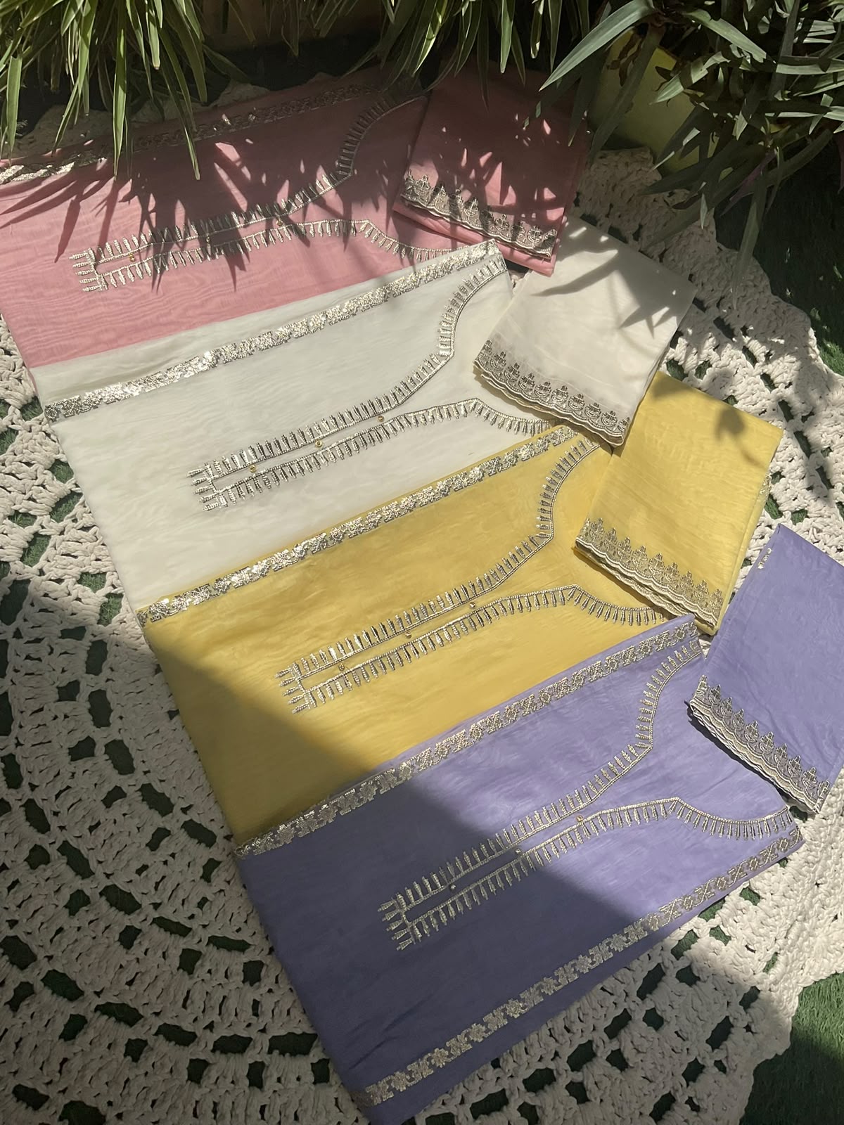 Pure Mulmul Kurta Set with Floral Embroidery & Pakistani Gota Work with Statement Border Detailing (Set of 3) (Unstitched)