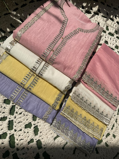 Pure Mulmul Kurta Set with Floral Embroidery & Pakistani Gota Work with Statement Border Detailing (Set of 3) (Unstitched)