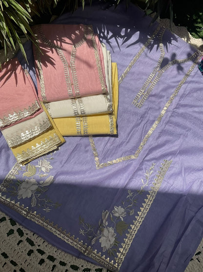 Pure Mulmul Kurta Set with Floral Embroidery & Pakistani Gota Work with Statement Border Detailing (Set of 3) (Unstitched)