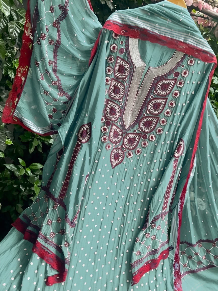 Pure Mulmul Kurta Set with Multicolour Chikankari & Pearl-Cutdana Work with Lace-Finished Embroidered Dupatta (Set of 3) (Semi-stitched)