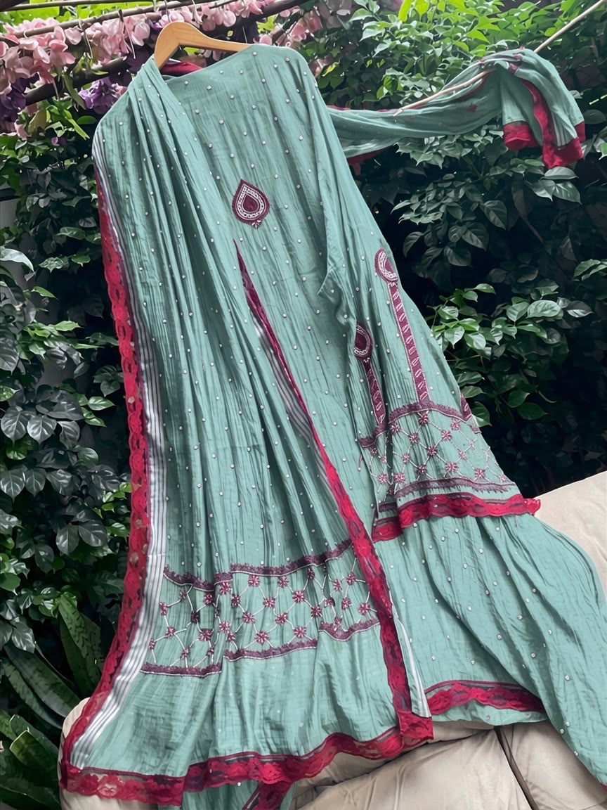 Pure Mulmul Kurta Set with Multicolour Chikankari & Pearl-Cutdana Work with Lace-Finished Embroidered Dupatta (Set of 3) (Semi-stitched)