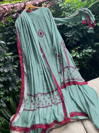 Pure Mulmul Kurta Set with Multicolour Chikankari & Pearl-Cutdana Work with Lace-Finished Embroidered Dupatta (Set of 3) (Semi-stitched)