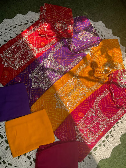 Viscose Georgette Suit Set with Bandhej Print & Gotta-Dabka Work with Coordinated Dupatta (Set of 3) (Unstitched)