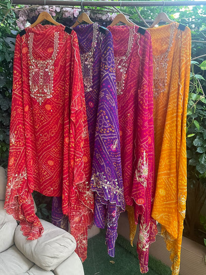 Viscose Georgette Suit Set with Bandhej Print & Gotta-Dabka Work with Coordinated Dupatta (Set of 3) (Unstitched)