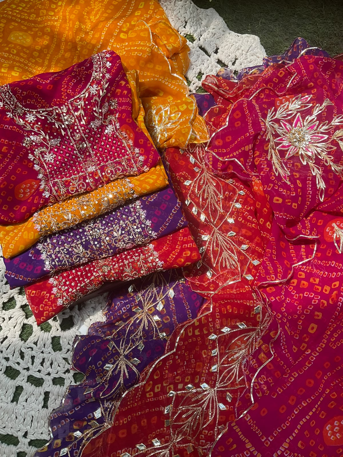 Viscose Georgette Suit Set with Bandhej Print & Gotta-Dabka Work with Coordinated Dupatta (Set of 3) (Unstitched)