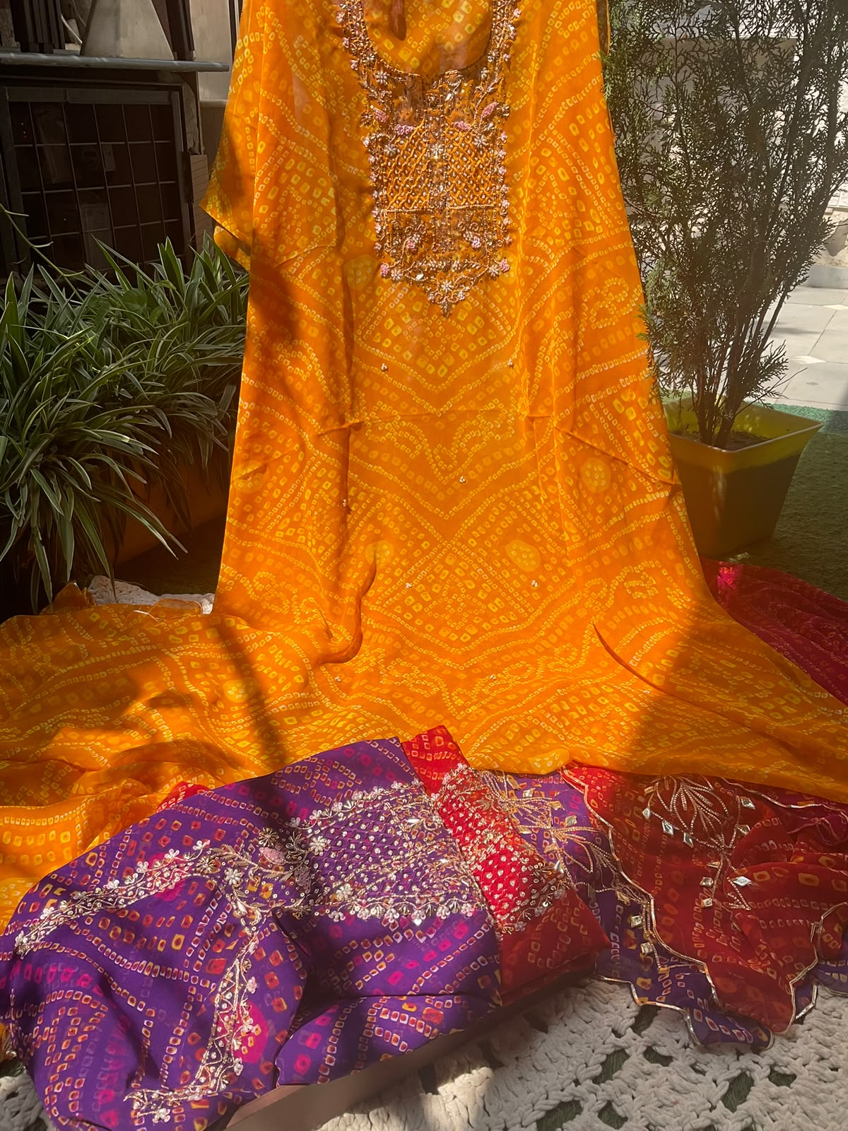 Viscose Georgette Suit Set with Bandhej Print & Gotta-Dabka Work with Coordinated Dupatta (Set of 3) (Unstitched)