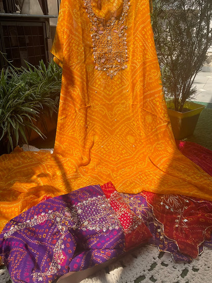 Viscose Georgette Suit Set with Bandhej Print & Gotta-Dabka Work with Coordinated Dupatta (Set of 3) (Unstitched)