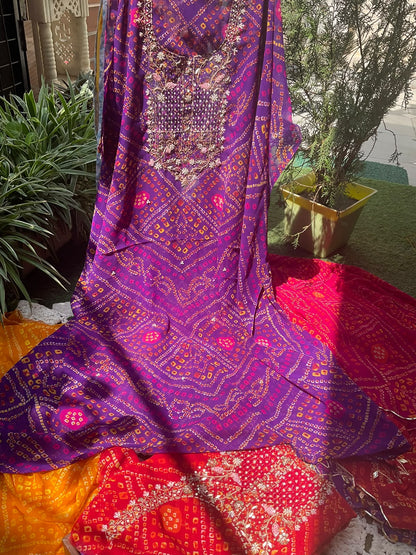 Viscose Georgette Suit Set with Bandhej Print & Gotta-Dabka Work with Coordinated Dupatta (Set of 3) (Unstitched)
