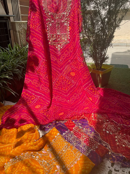 Viscose Georgette Suit Set with Bandhej Print & Gotta-Dabka Work with Coordinated Dupatta (Set of 3) (Unstitched)
