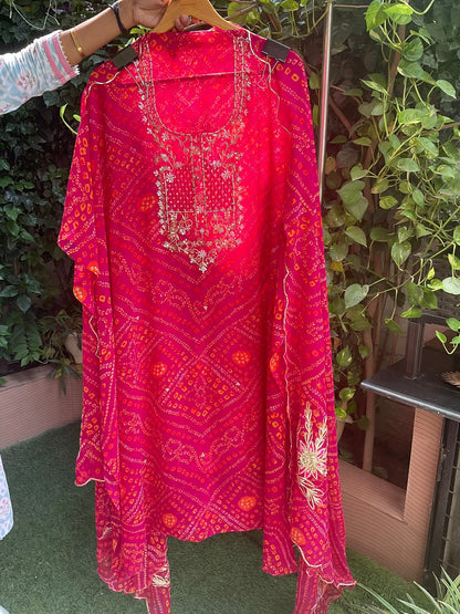 Viscose Georgette Suit Set with Bandhej Print & Gotta-Dabka Work with Coordinated Dupatta (Set of 3) (Unstitched)
