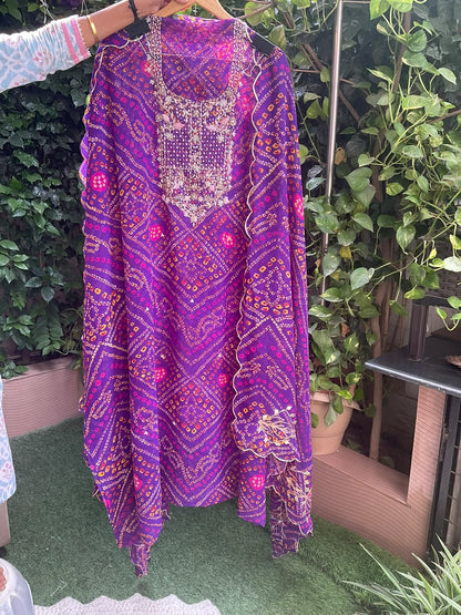 Viscose Georgette Suit Set with Bandhej Print & Gotta-Dabka Work with Coordinated Dupatta (Set of 3) (Unstitched)