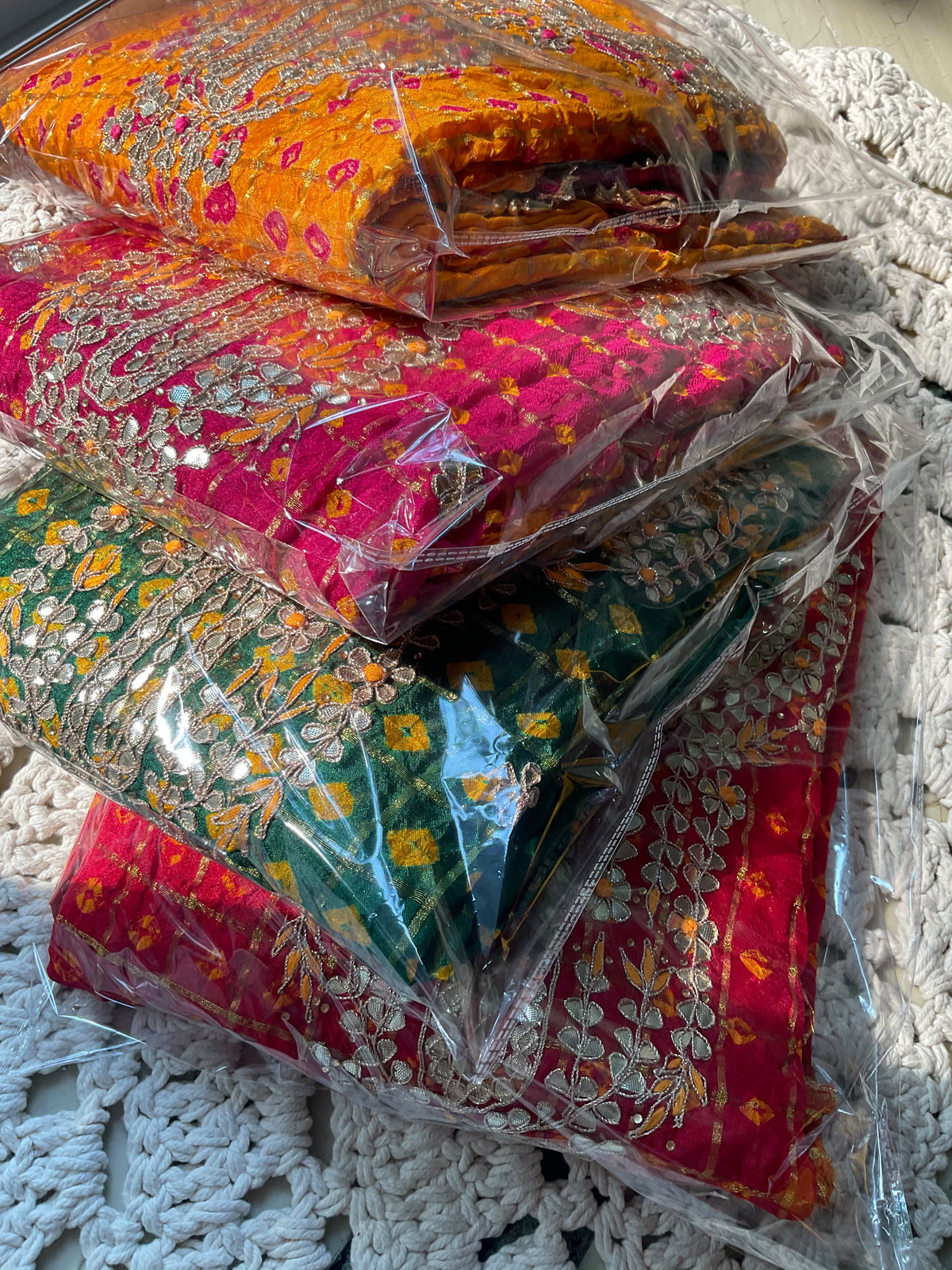 Premium Silk Suit Set with Gharchola & Bandhani Detailing with Handcrafted Gotta Patti Dupatta (Set of 3) (Unstitched)