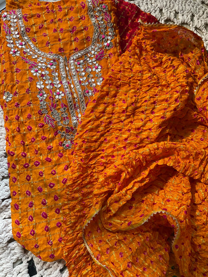 Premium Silk Suit Set with Gharchola & Bandhani Detailing with Handcrafted Gotta Patti Dupatta (Set of 3) (Unstitched)