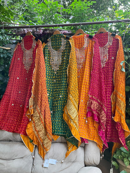 Premium Silk Suit Set with Gharchola & Bandhani Detailing with Handcrafted Gotta Patti Dupatta (Set of 3) (Unstitched)