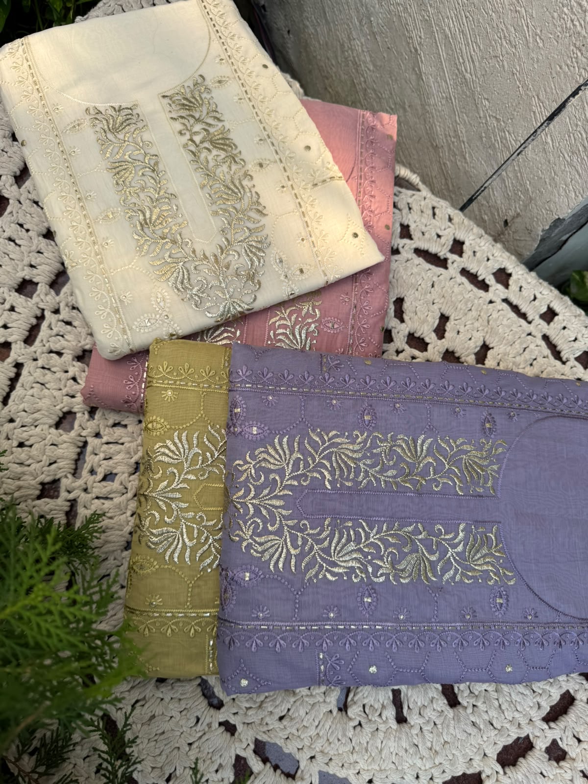Pure Mulmul Suit Set with Zari Pitta &amp; Floral Embroidery with Embroidered Mulmul Dupatta (Set of 3) (Unstitched)