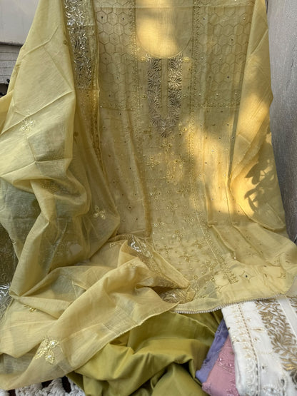 Pure Mulmul Suit Set with Zari Pitta &amp; Floral Embroidery with Embroidered Mulmul Dupatta (Set of 3) (Unstitched)