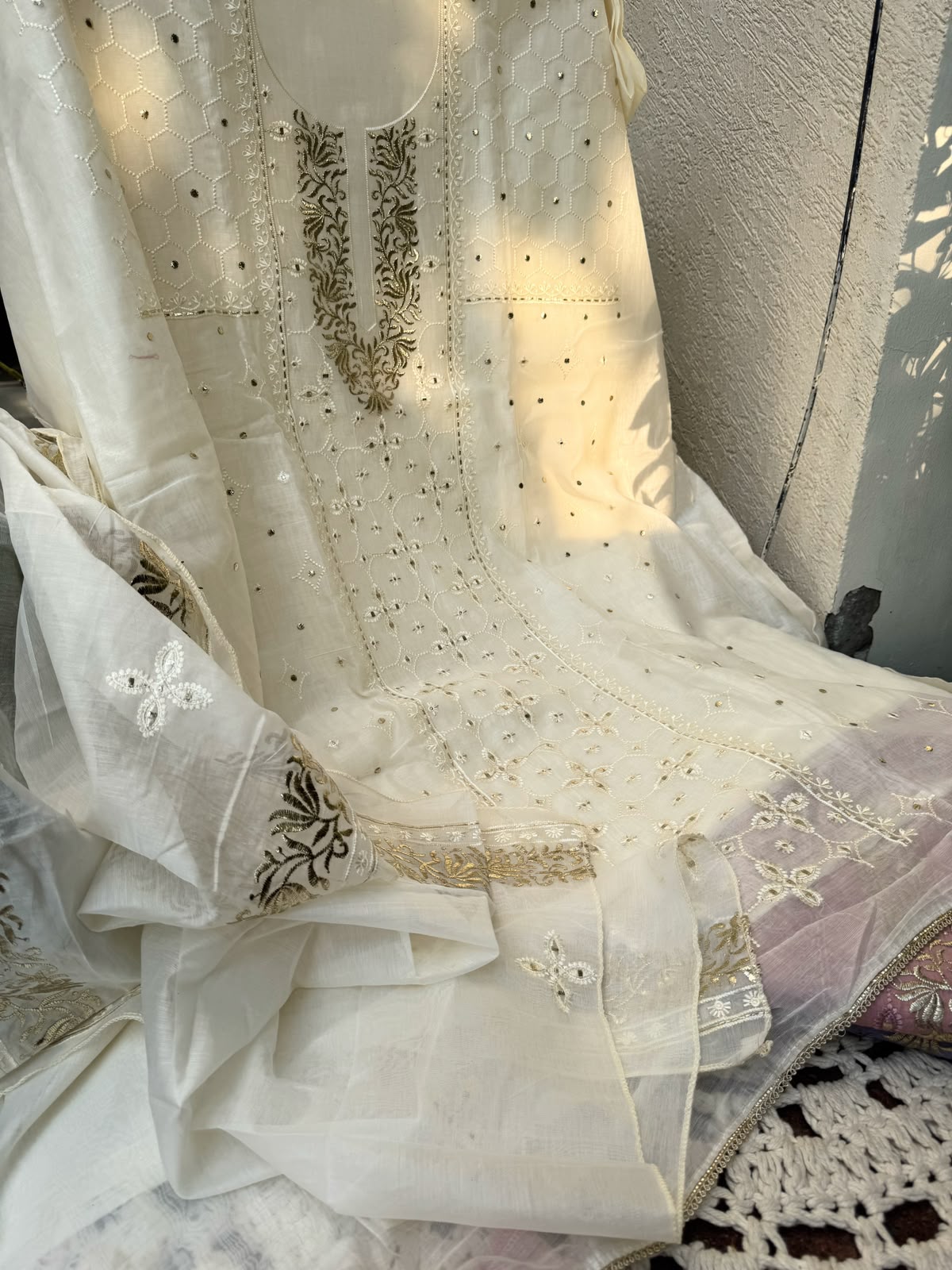 Pure Mulmul Suit Set with Zari Pitta &amp; Floral Embroidery with Embroidered Mulmul Dupatta (Set of 3) (Unstitched)