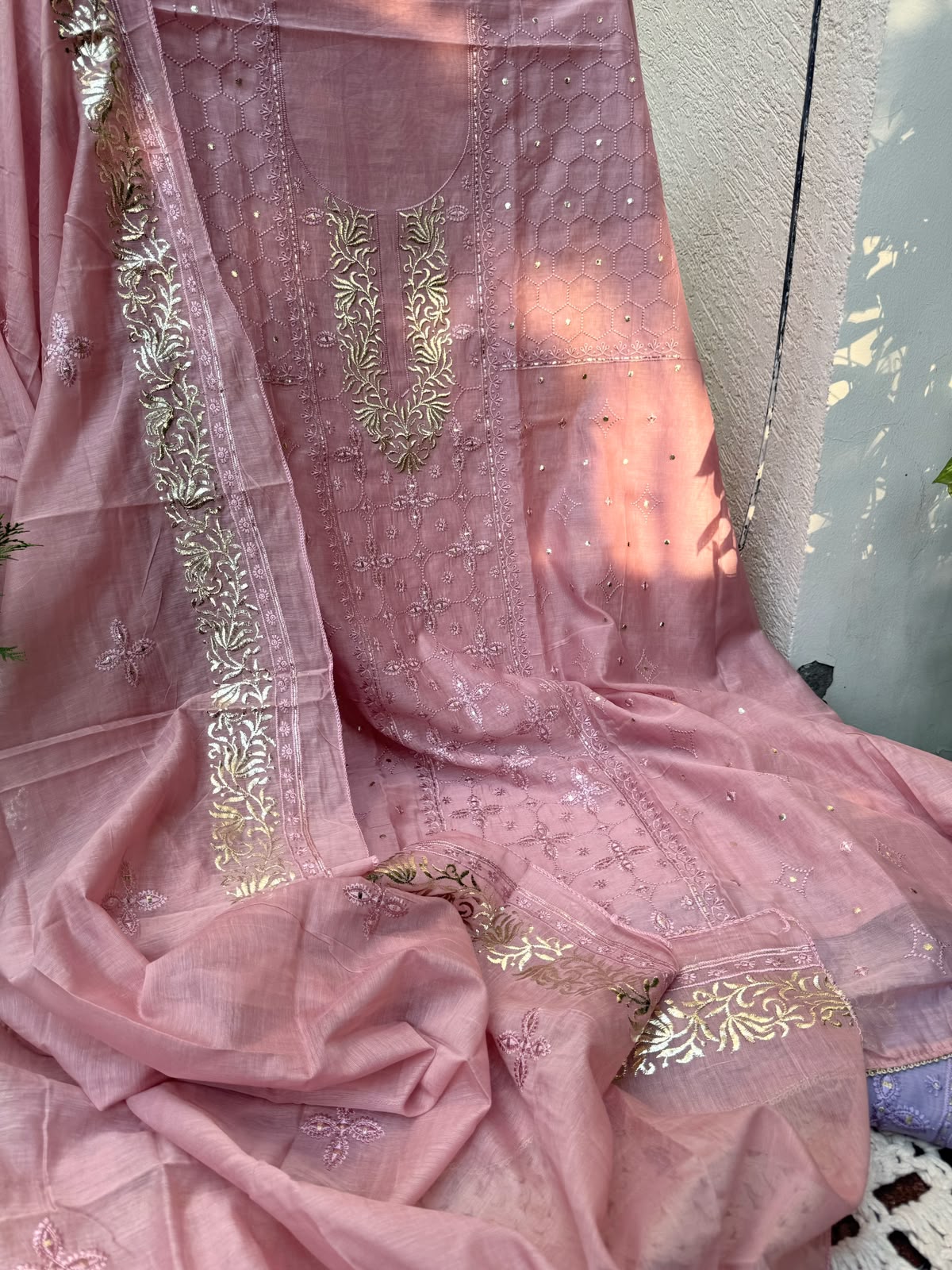 Pure Mulmul Suit Set with Zari Pitta &amp; Floral Embroidery with Embroidered Mulmul Dupatta (Set of 3) (Unstitched)