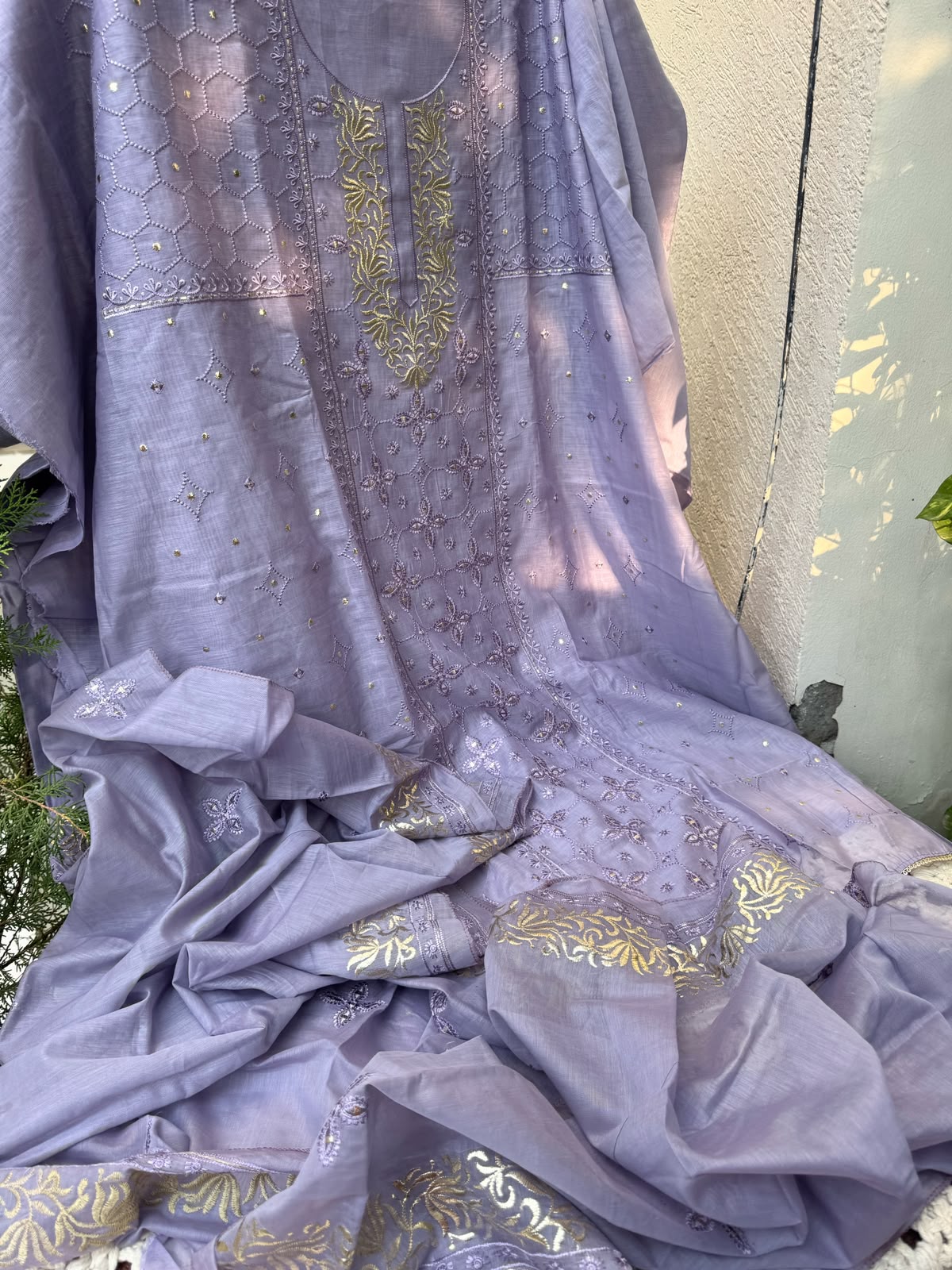 Pure Mulmul Suit Set with Zari Pitta &amp; Floral Embroidery with Embroidered Mulmul Dupatta (Set of 3) (Unstitched)