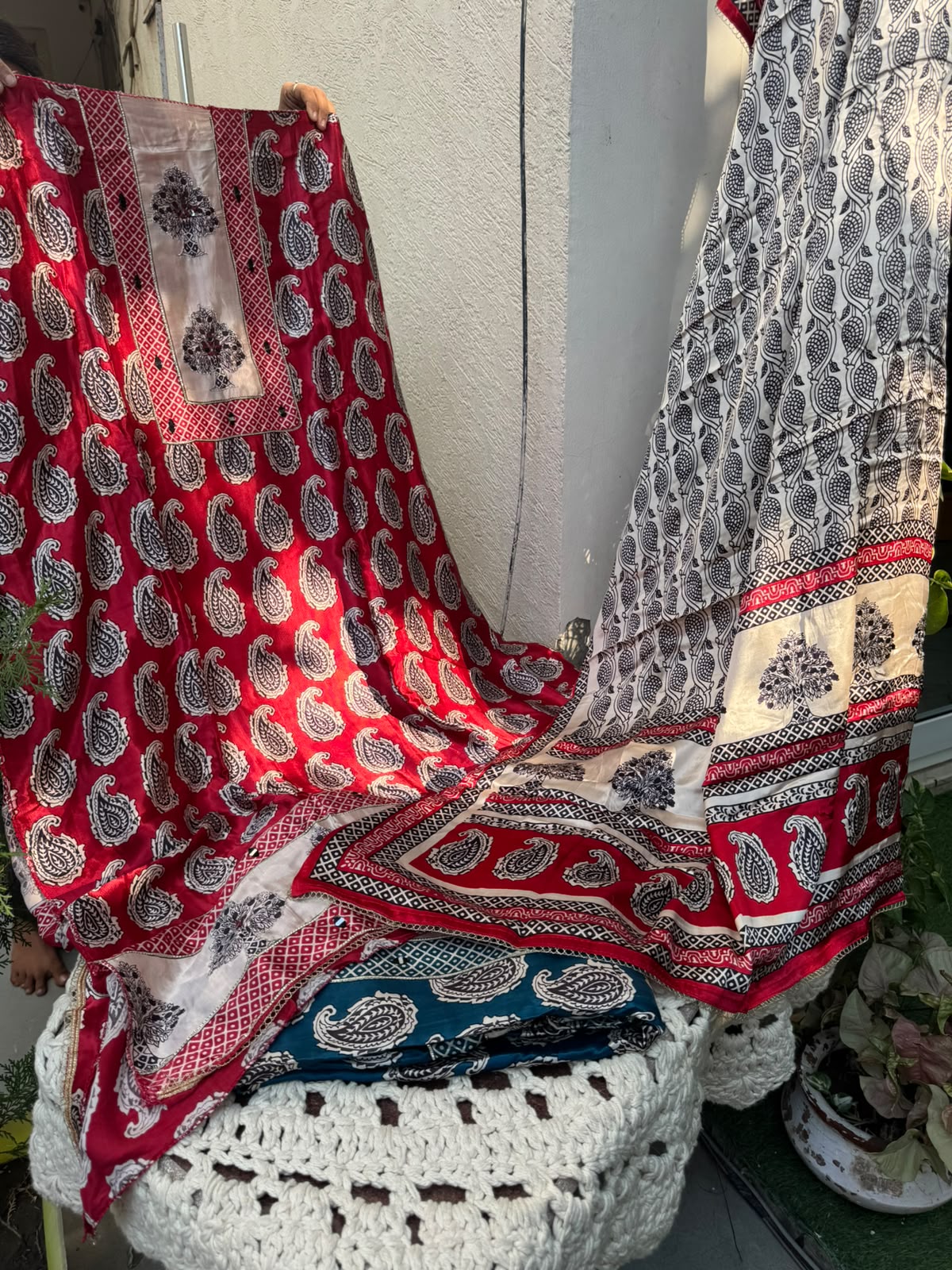 Modal Satin Suit Set with Ajrak Print &amp; Mirror-Gotta Work with Printed Dupatta (Set of 3) (Unstitched)