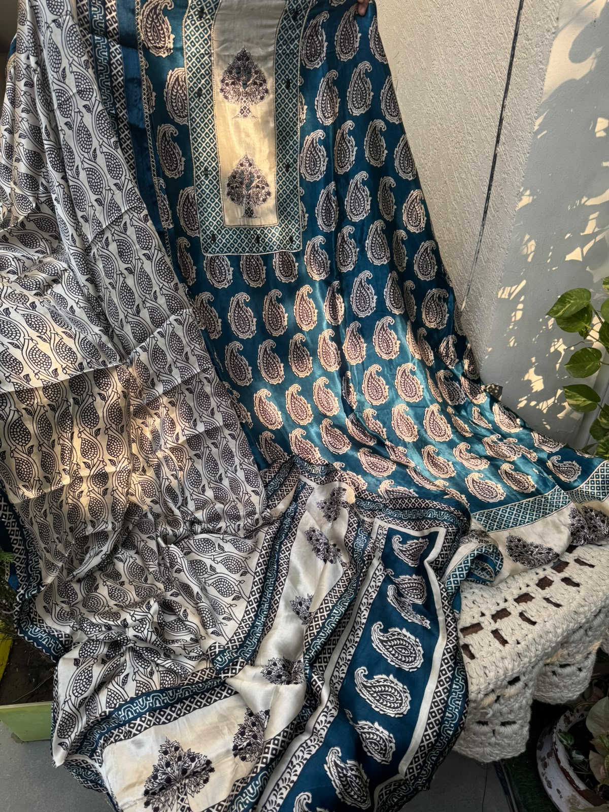 Modal Satin Suit Set with Ajrak Print &amp; Mirror-Gotta Work with Printed Dupatta (Set of 3) (Unstitched)