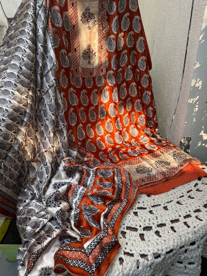 Modal Satin Suit Set with Ajrak Print &amp; Mirror-Gotta Work with Printed Dupatta (Set of 3) (Unstitched)