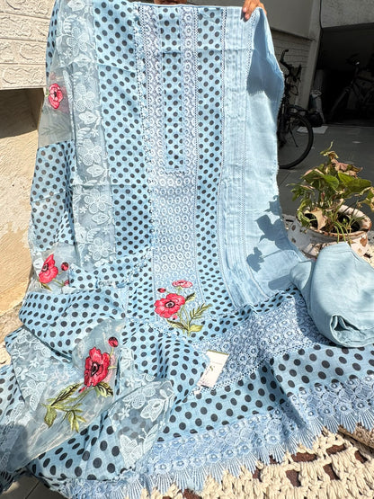 Cotton Linen Suit Set with Karachi Prints & Embroidery (Set of 3) (Unstitched)