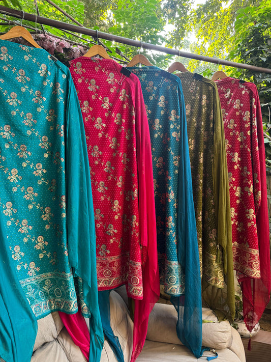 Jam Cotton Suit Set with All-Over Prints & Ghera Embroidery (Set of 3) (Unstitched)