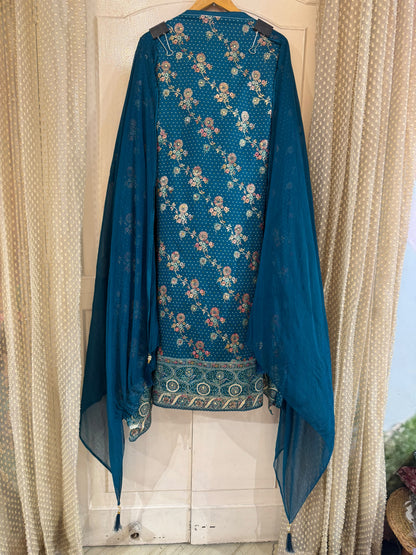 Jam Cotton Suit Set with All-Over Prints & Ghera Embroidery (Set of 3) (Unstitched)