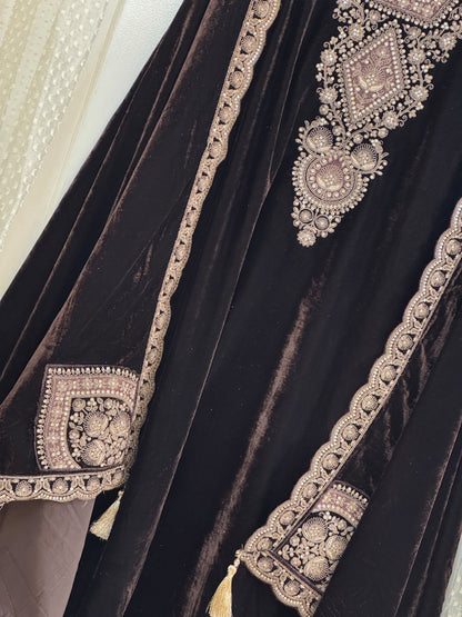 Chocolate Brown Velvet Suit Set with Dori & Zari Embroidery (Set of 3) (Unstitched)