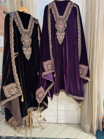 Deep Purple Velvet Suit Set with Dori & Zari Embroidery (Set of 3) (Unstitched)