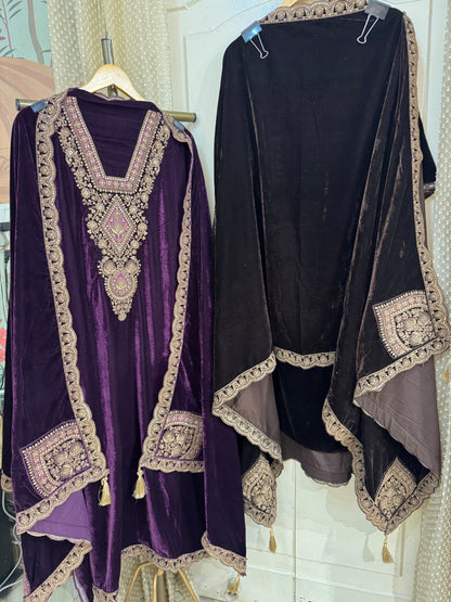 Deep Purple Velvet Suit Set with Dori & Zari Embroidery (Set of 3) (Unstitched)