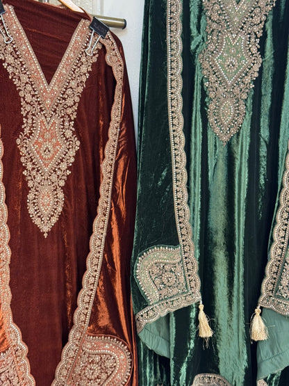 Velvet Suit Set with Dori & Zari Embroidery (Set of 3) (Unstitched)