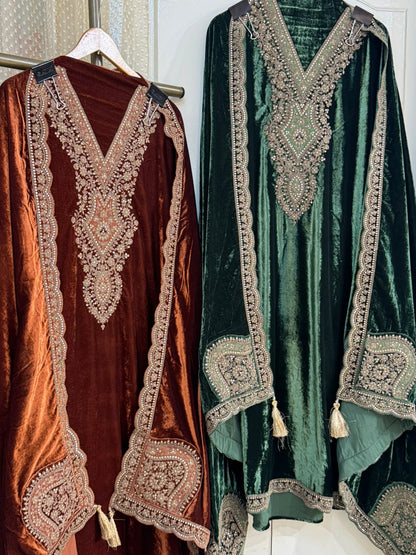 Velvet Suit Set with Dori & Zari Embroidery (Set of 3) (Unstitched)