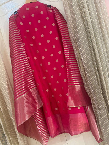 Banarasi Silk Suit Set with Boota Detailing & Tissue Work (Set of 3) (Unstitched)