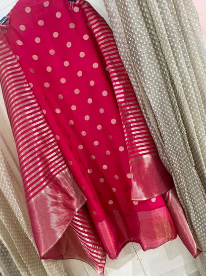 Banarasi Silk Suit Set with Boota Detailing & Tissue Work (Set of 3) (Unstitched)
