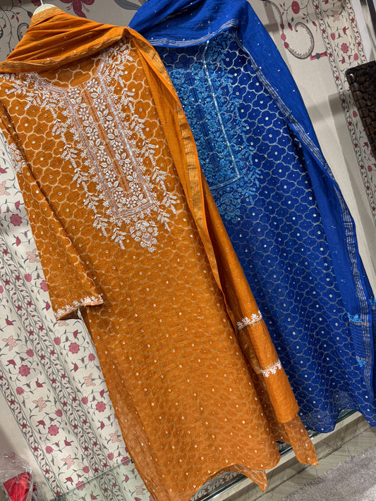 Pure Banarasi Mulmul Chanderi Suit Set with Chikankari & Mirror-Sequin Work (Set of 3) (Unstitched)