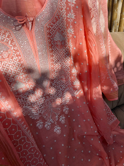 Semi Stitched Peach Kurta Suit Set