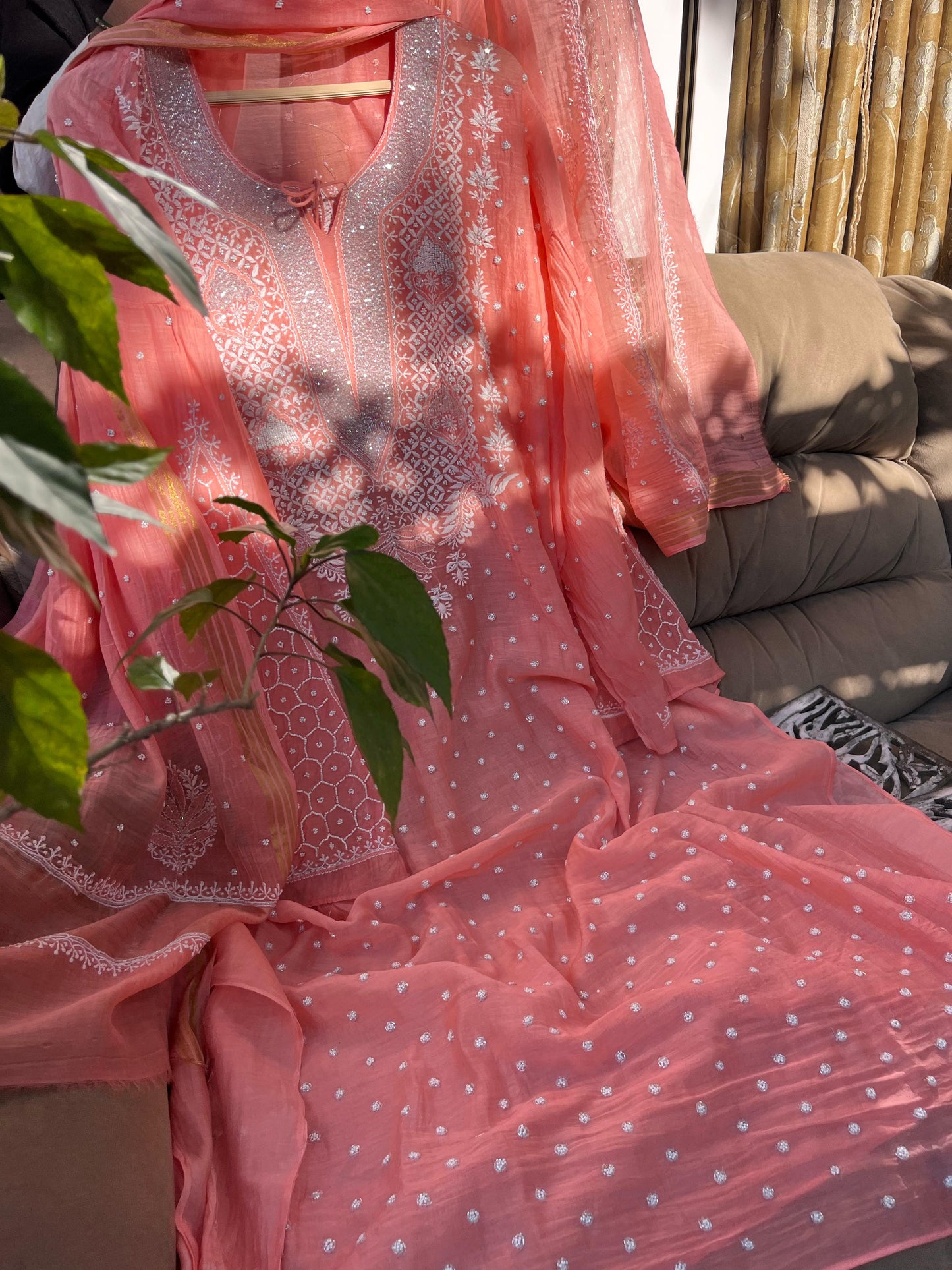 Semi Stitched Peach Kurta Suit Set